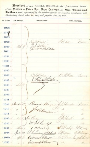 Morris and Essex Rail Road Co. Bond Receipt